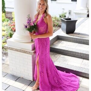 Sherri Hill Vibrant Fuchsia Lace Halter Prom Gown with Slit